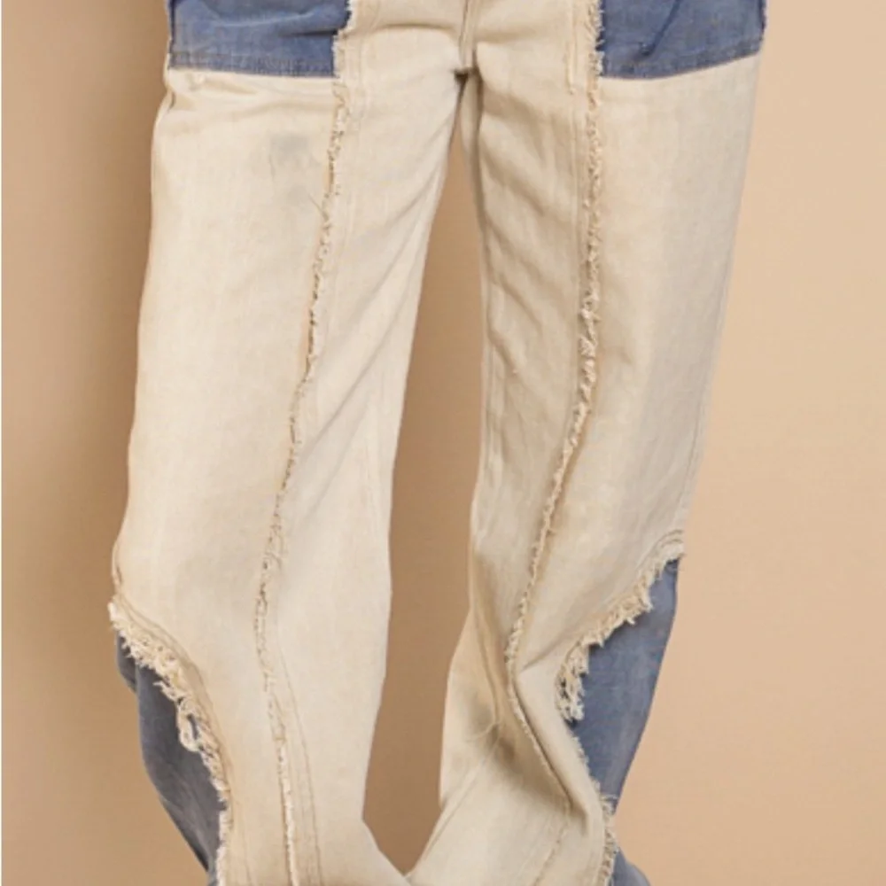 Light tan colored high waist denim with blue pocket detail by POL - Picture 3 of 3